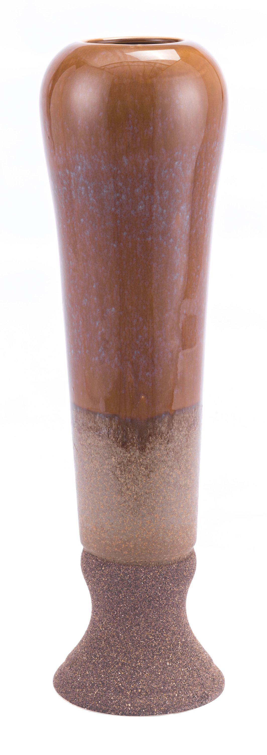 A tall brown ceramic vase measuring 6.3" x 6.3" x 21.7", featuring a textured base and smooth iridescent top, perfect for home decor.