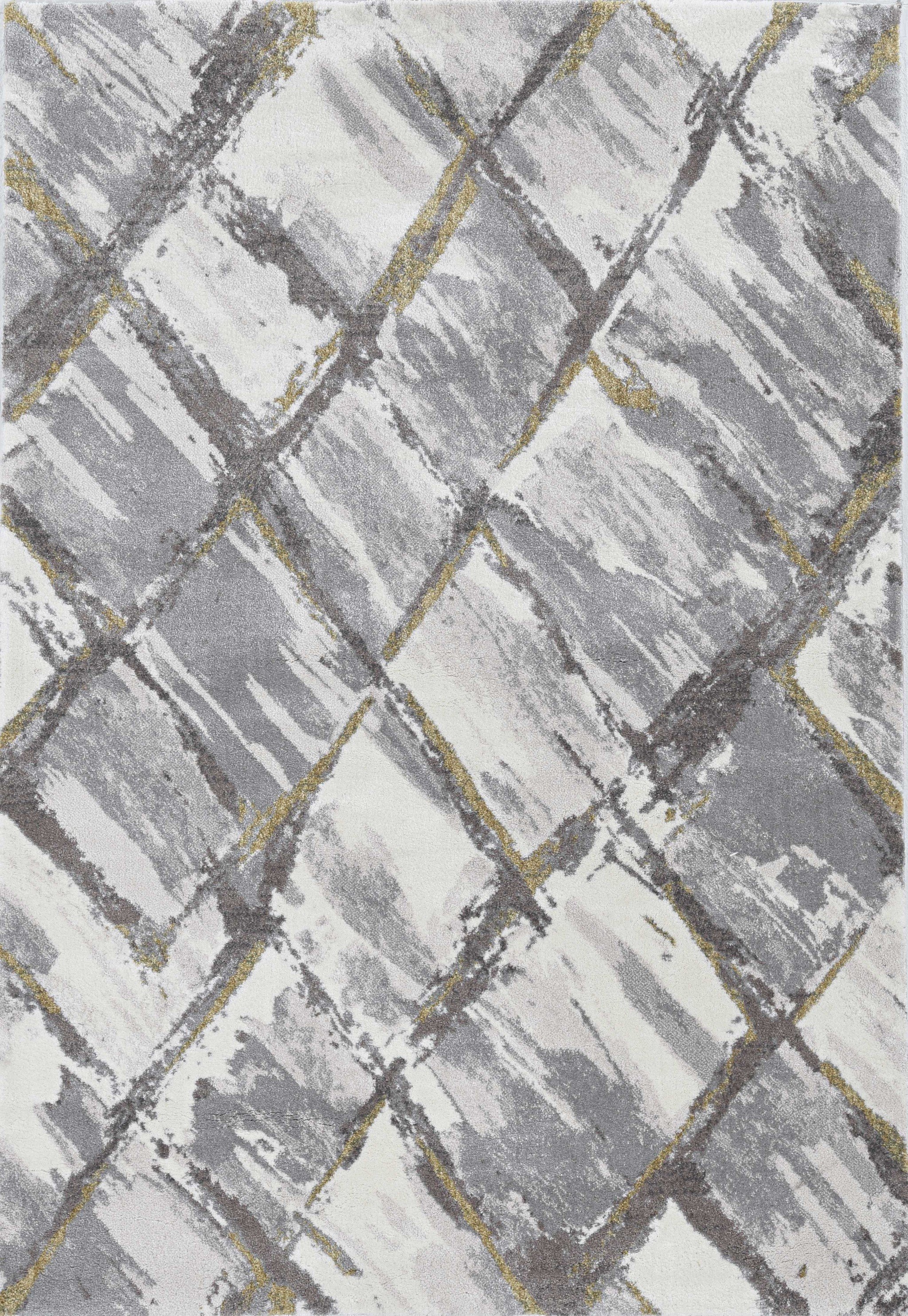 A luxurious 63" X 91" ivory and grey polyester rug featuring unique geod patterns and plush fibers, perfect for enhancing any room's decor.