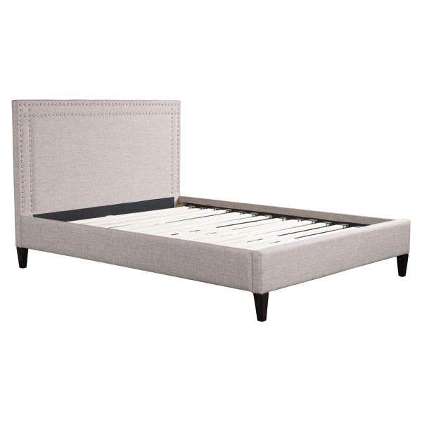 Renaissance Queen Dove Gray Bed featuring soft upholstery and chrome nail head trim.