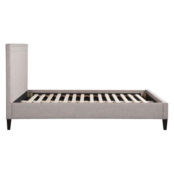 Renaissance Queen Dove Gray Bed featuring soft upholstery and chrome nail head trim.