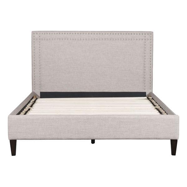 Renaissance Queen Dove Gray Bed featuring soft upholstery and chrome nail head trim.