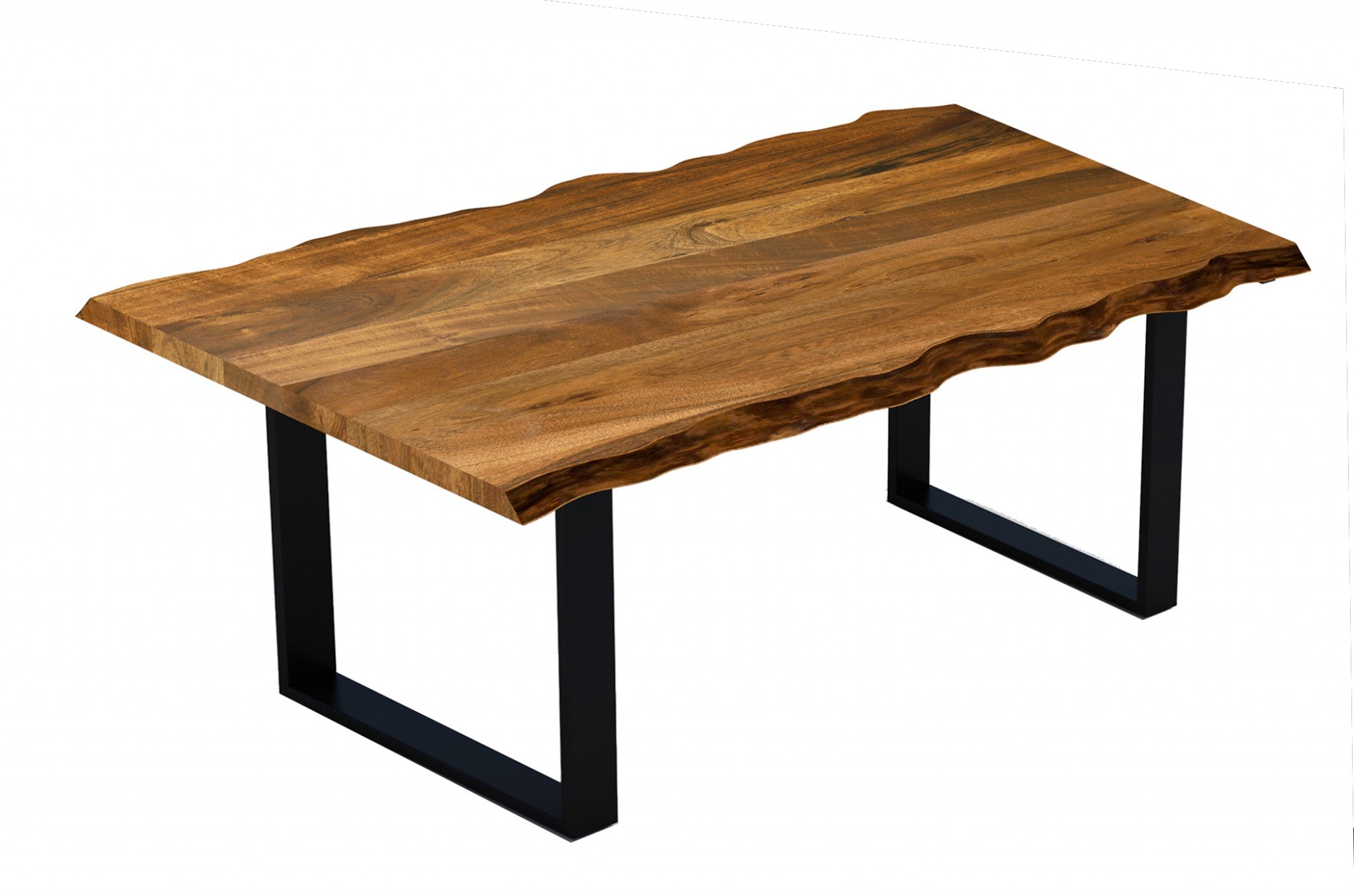 A 63-inch modern rustic dining table made of real acacia wood with a live edge design, featuring sturdy black metal legs.