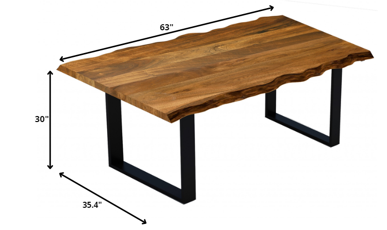 A 63-inch modern rustic dining table made of real acacia wood with a live edge design, featuring sturdy black metal legs.