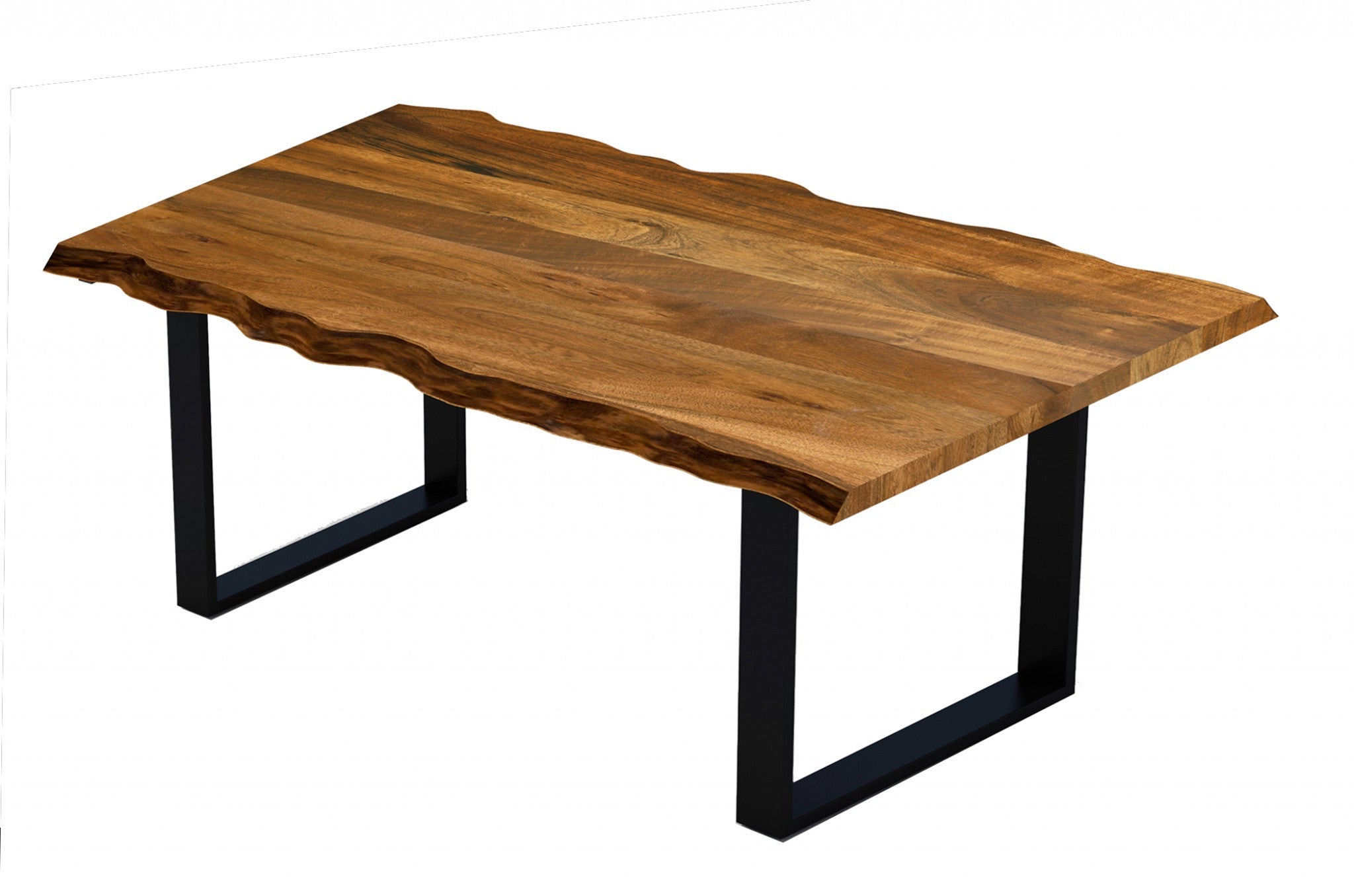 A 63-inch modern rustic dining table made of real acacia wood with a live edge design, featuring sturdy black metal legs.