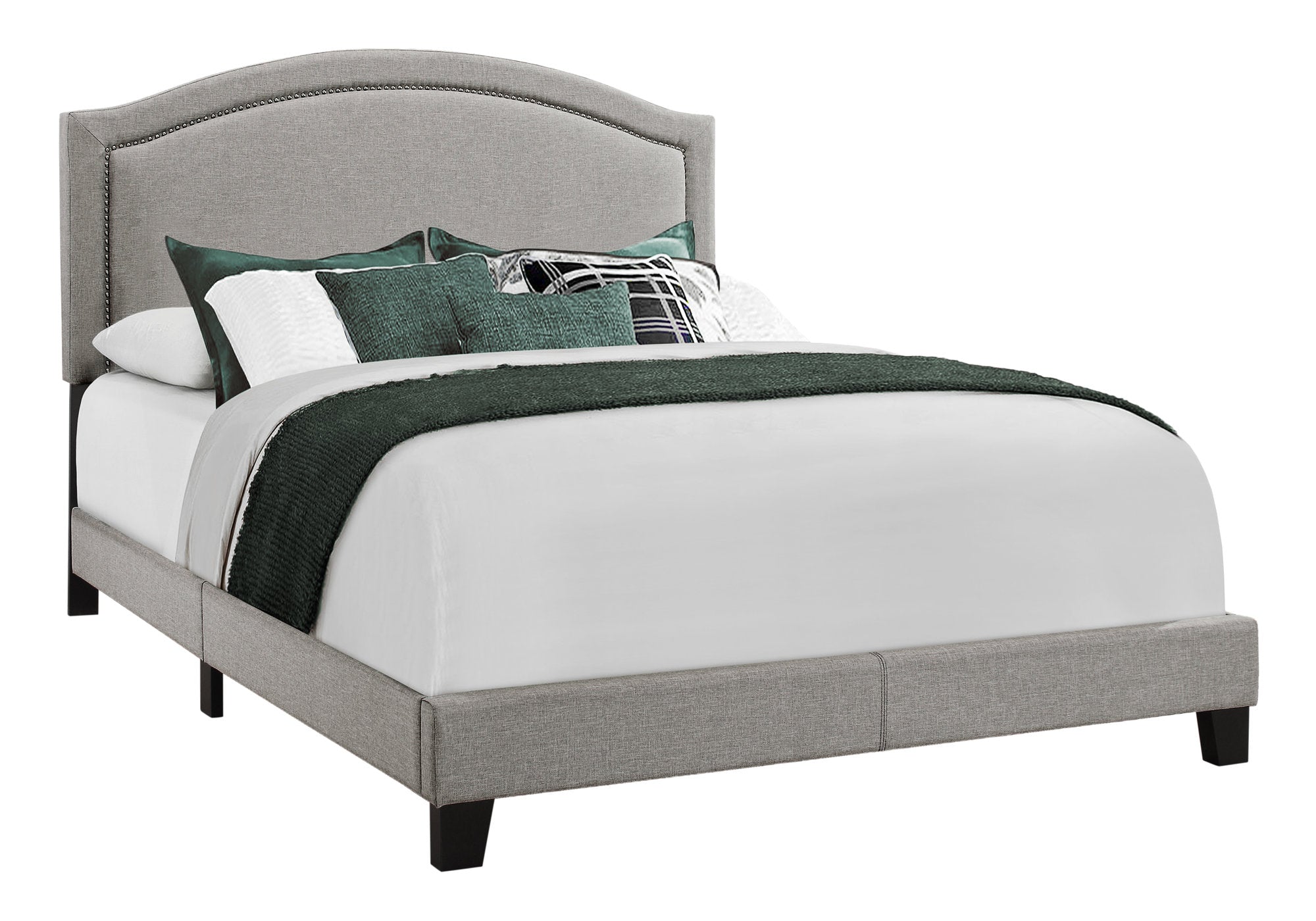 Grey foam solid wood linen queen size bed with contemporary design, featuring plush upholstery and sturdy frame.