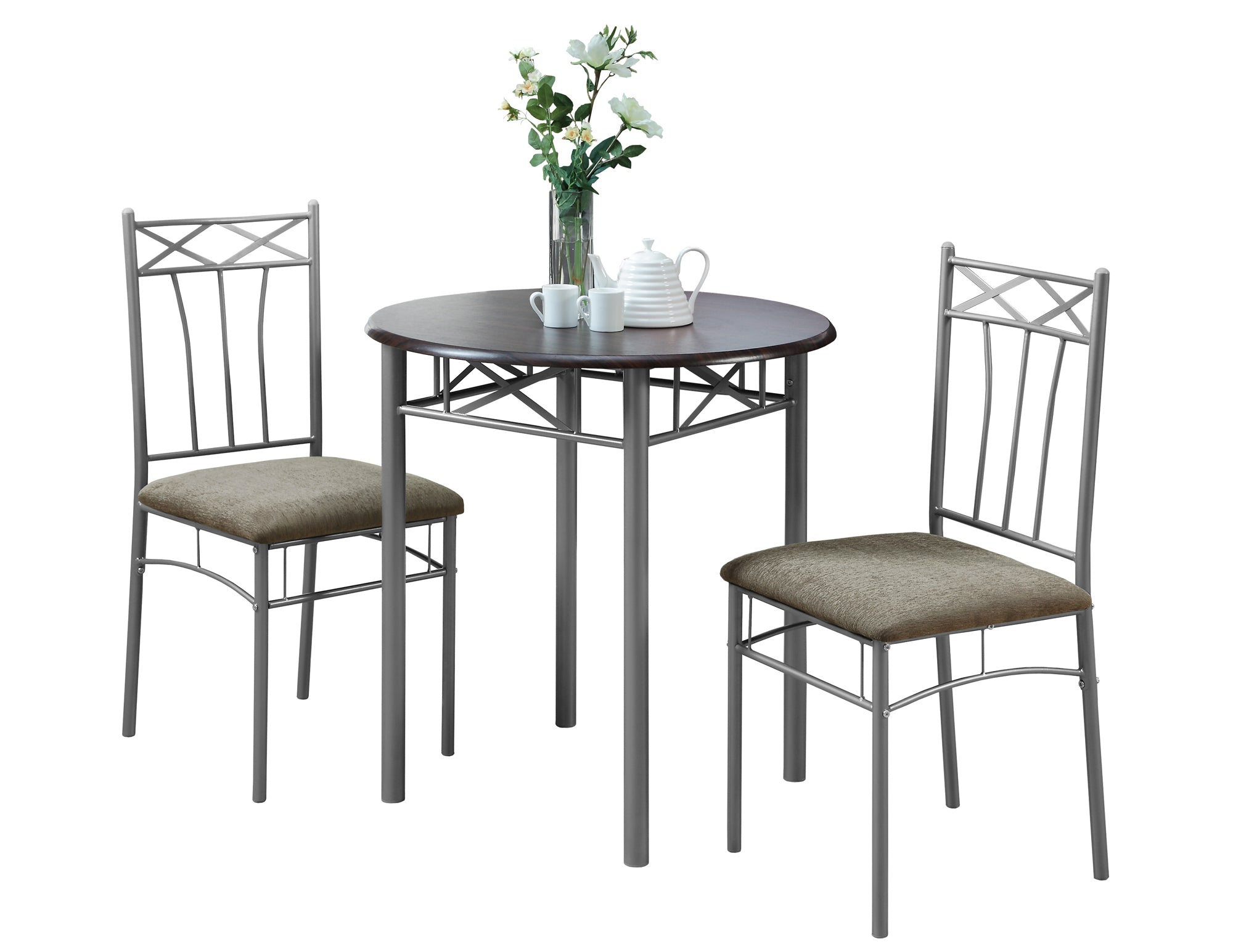 Elegant 3-piece dining set featuring cappuccino and silver metal design, perfect for modern dining rooms.