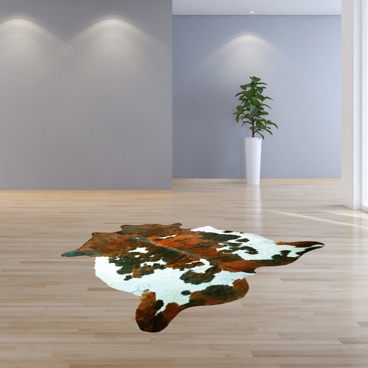 A beautiful 6.5 Ft tri-colored brindled cowhide rug featuring a blend of white, brown, and green colors, showcasing its unique natural patterns.