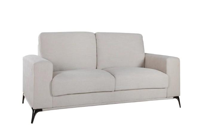 A stylish 65" X 39" X 35" beige polyester loveseat with track arms and tapered zinc legs, perfect for modern living spaces.