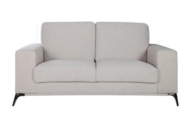 A stylish 65" X 39" X 35" beige polyester loveseat with track arms and tapered zinc legs, perfect for modern living spaces.