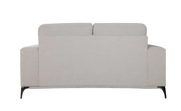 A stylish 65" X 39" X 35" beige polyester loveseat with track arms and tapered zinc legs, perfect for modern living spaces.