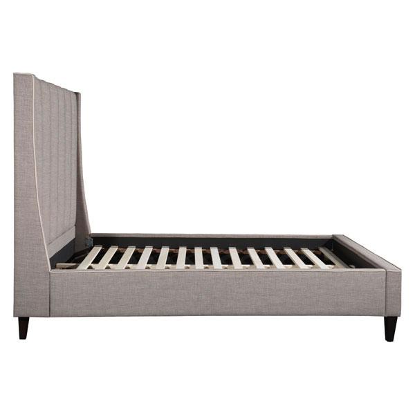 Gilded Age Queen Dove Gray Bed with tufted headboard and wing-back design, upholstered in dove gray poly-linen fabric.