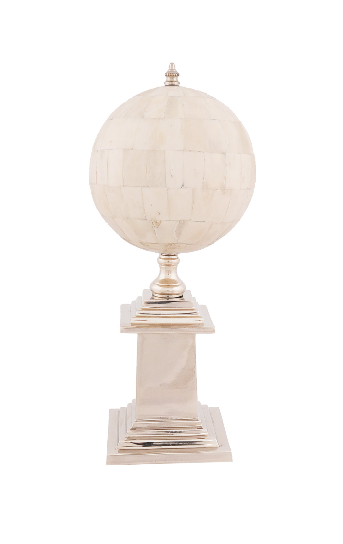 Elegant 6.5x6.5x14.5 inches Bone Globe with a shiny aluminum base, showcasing intricate buffalo bone craftsmanship.