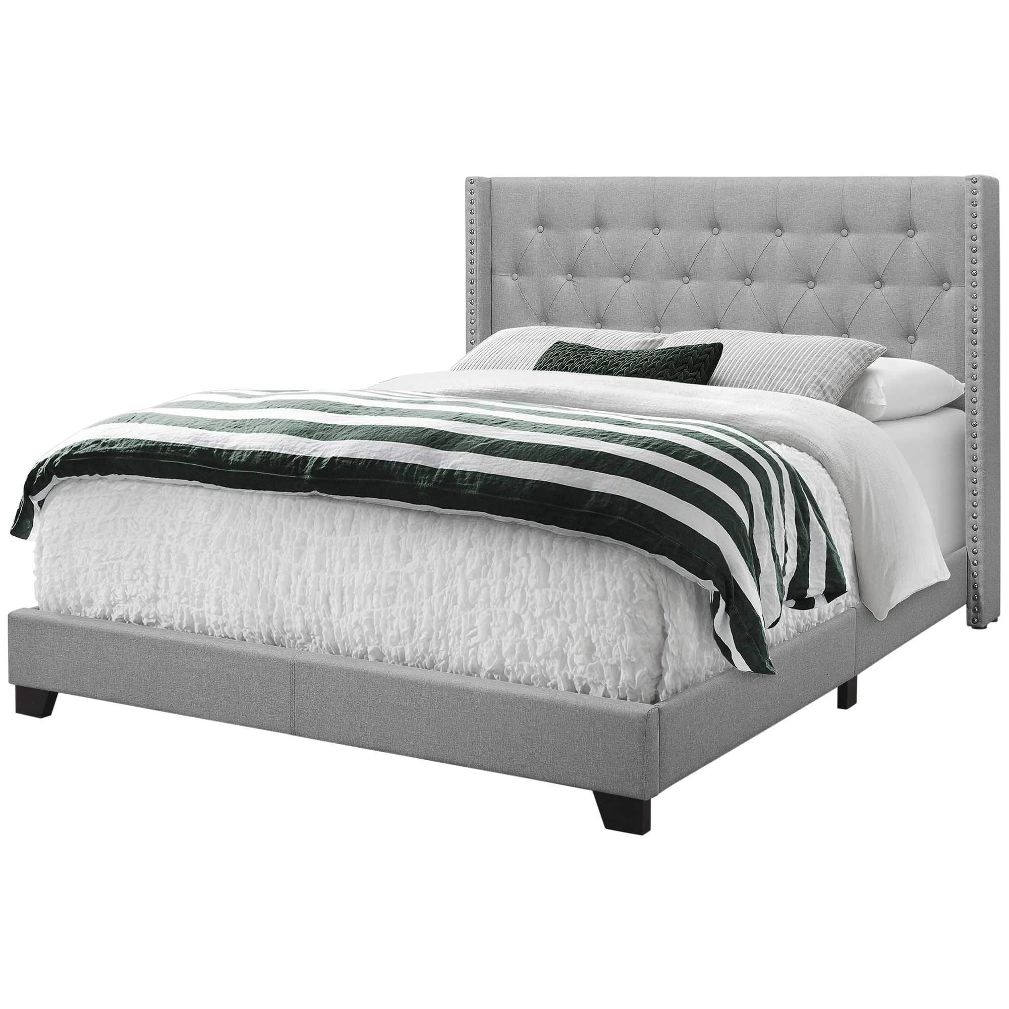 A contemporary grey queen size bed made of solid wood and foam, featuring a linen finish and elegant design, perfect for modern bedrooms.