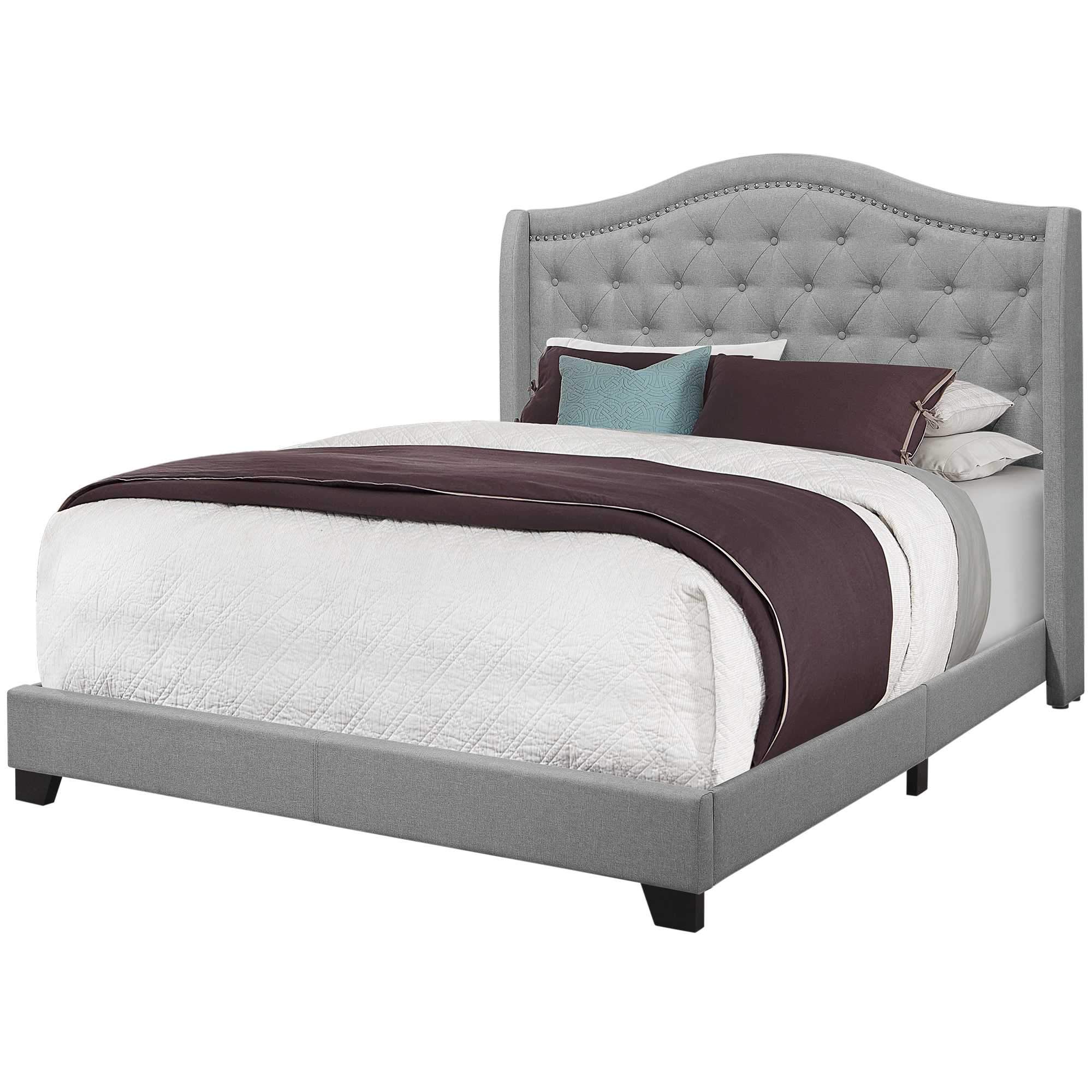 Luxurious grey linen queen size bed frame with chrome trim and wing back headboard, showcasing elegant design and comfort.