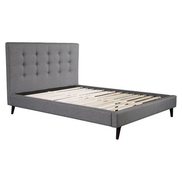 Modernity Queen Gray Bed featuring soft dove grey upholstery, button tufted details, and slim angled legs, perfect for mid-century modern decor.