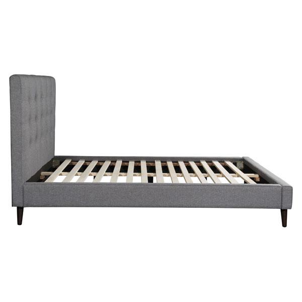 Modernity Queen Gray Bed featuring soft dove grey upholstery, button tufted details, and slim angled legs, perfect for mid-century modern decor.