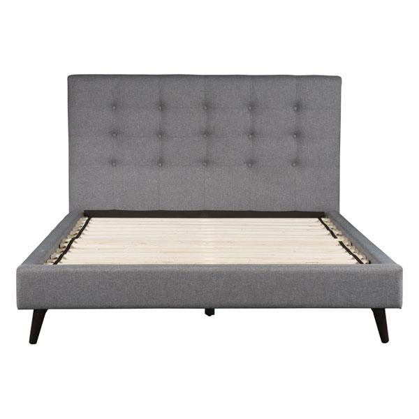 Modernity Queen Gray Bed featuring soft dove grey upholstery, button tufted details, and slim angled legs, perfect for mid-century modern decor.