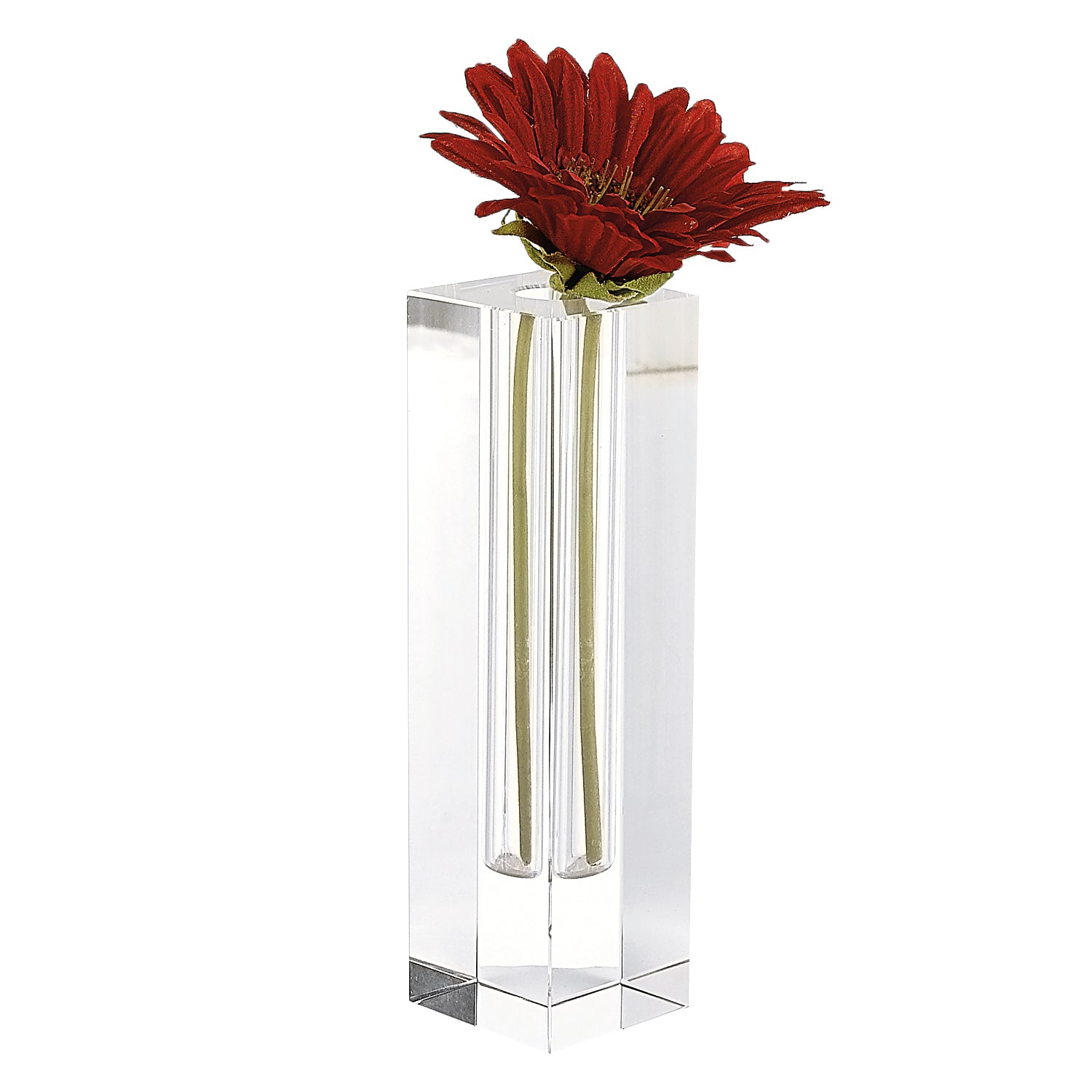 A stunning 7-inch handcrafted crystal square optical bud vase showcasing a clear, modern design, perfect for displaying flowers.