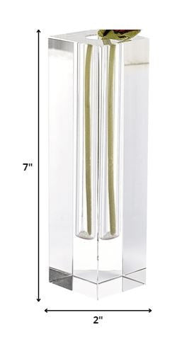 A stunning 7-inch handcrafted crystal square optical bud vase showcasing a clear, modern design, perfect for displaying flowers.