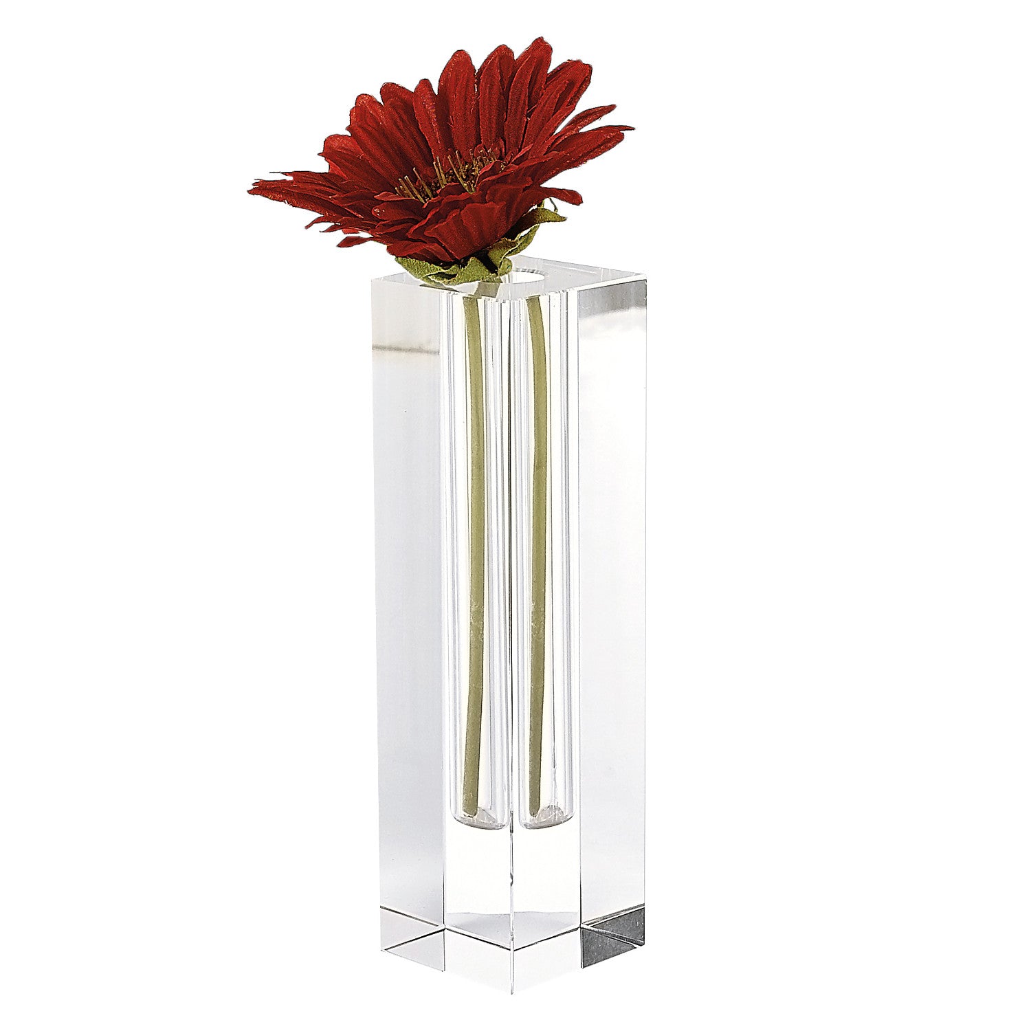 A stunning 7-inch handcrafted crystal square optical bud vase showcasing a clear, modern design, perfect for displaying flowers.