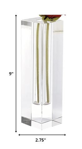 A stunning 7-inch handcrafted crystal square optical bud vase showcasing a clear, modern design, perfect for displaying flowers.