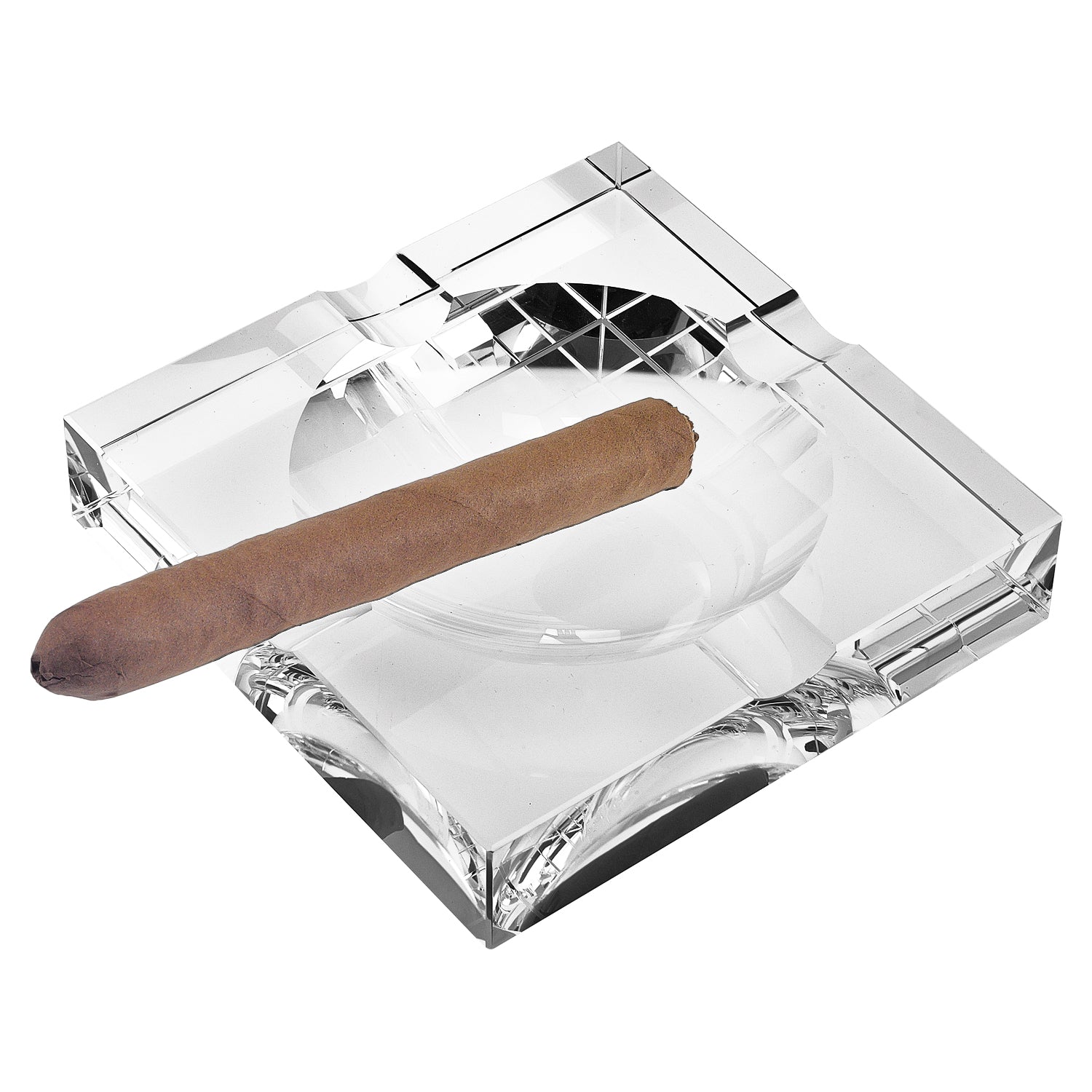 Handcrafted square crystal cigar ash tray with elegant design, clear color, and sturdy build, perfect for indoor and outdoor use.