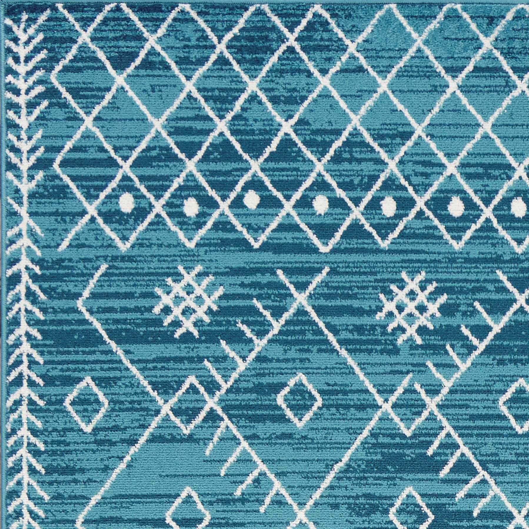 7' Ocean Blue Machine Woven Geometric Tribal Indoor Runner Rug with white geometric designs, perfect for modern decor.