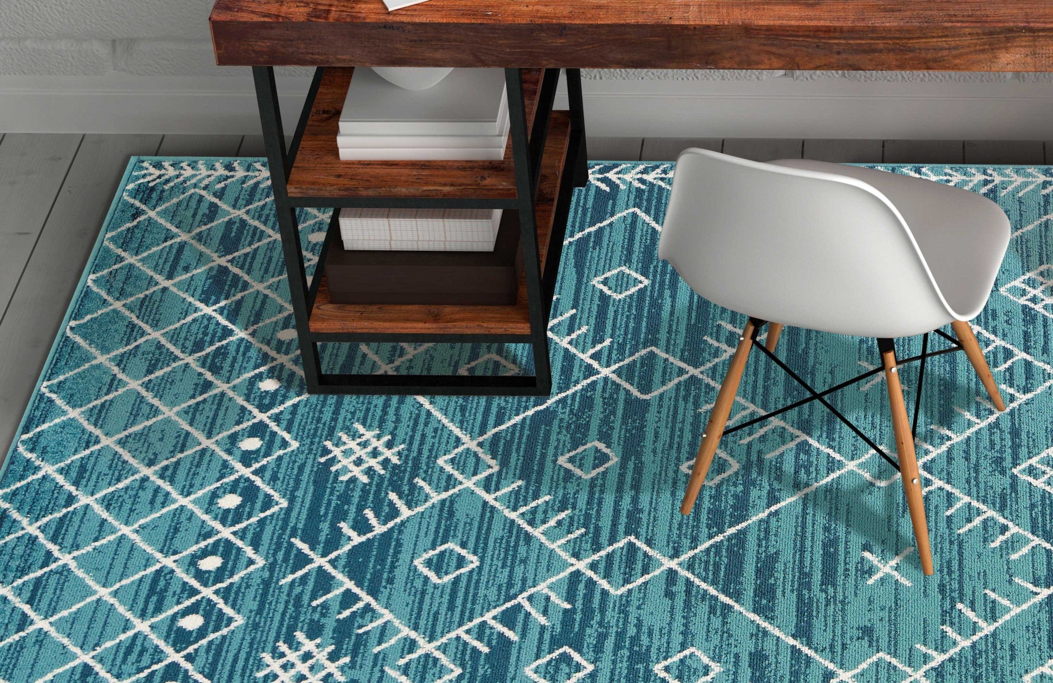 7' Ocean Blue Machine Woven Geometric Tribal Indoor Runner Rug with white geometric designs, perfect for modern decor.