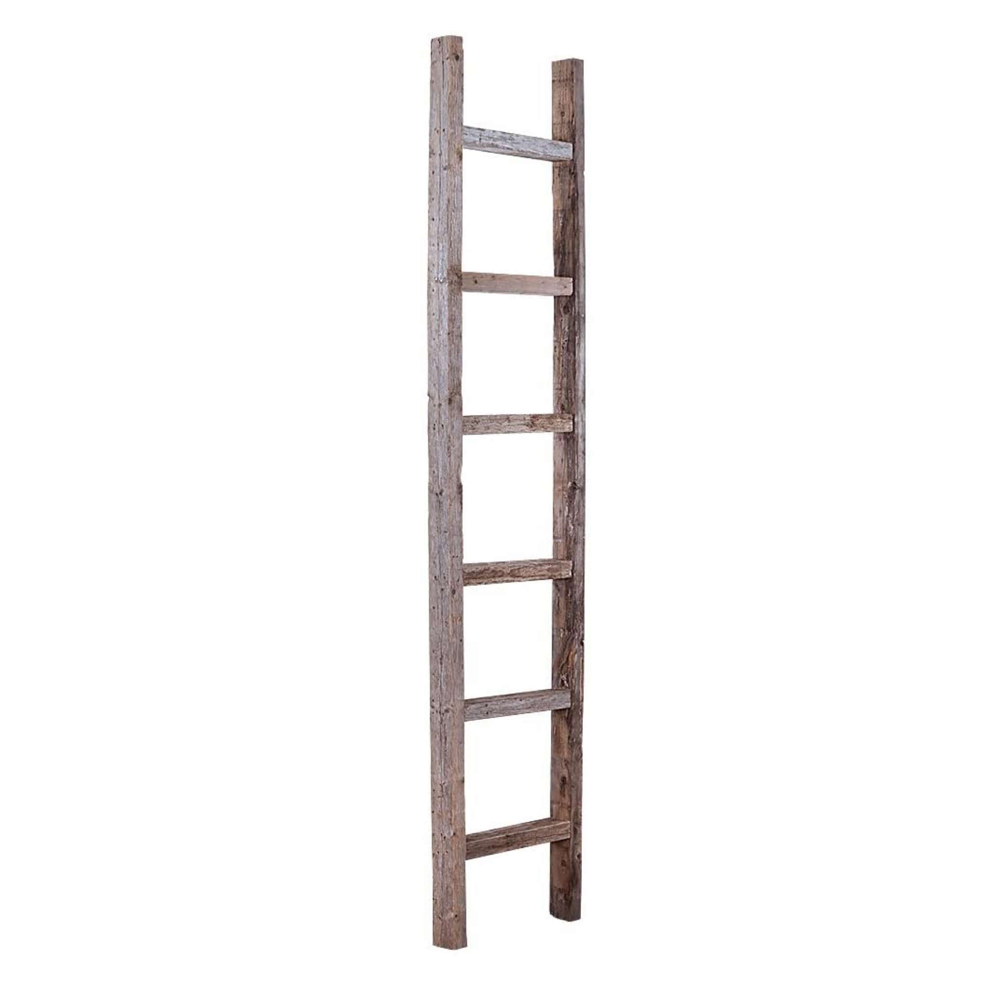 7 Step Rustic Weathered Gray Wood Ladder Shelf showcasing its unique handcrafted design and rustic finish.