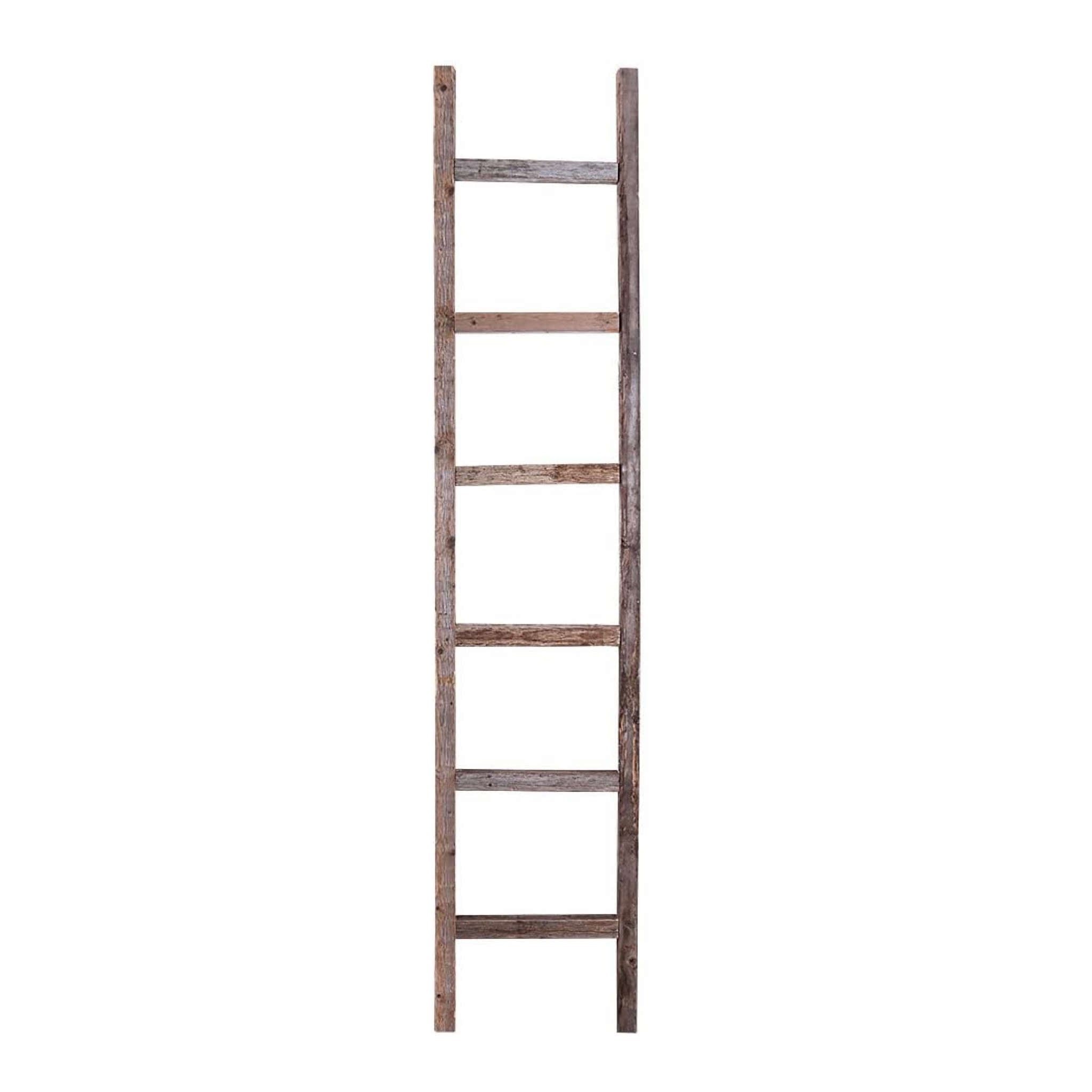 7 Step Rustic Weathered Gray Wood Ladder Shelf showcasing its unique handcrafted design and rustic finish.