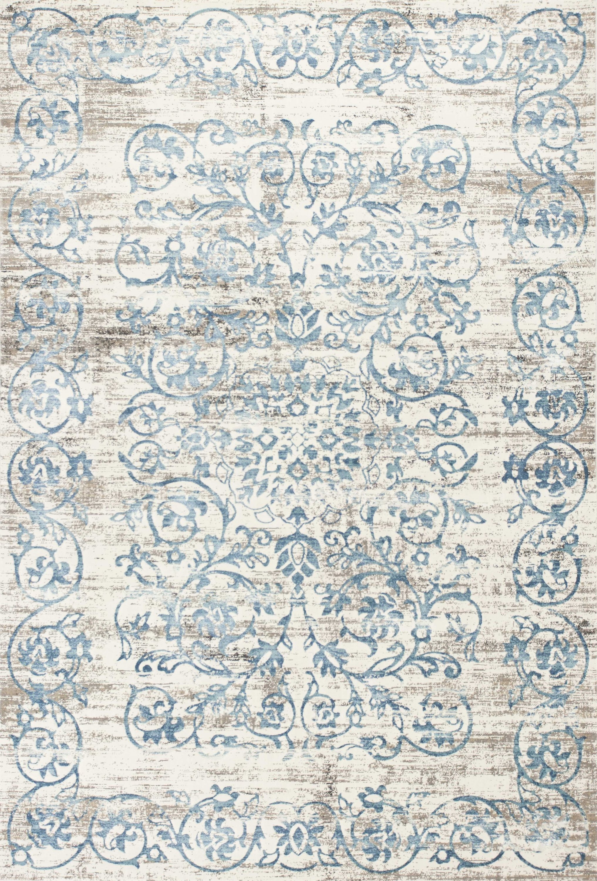 A beautiful 7' x 11' polypropylene area rug in ivory and blue, showcasing an elegant design that enhances any room's decor.