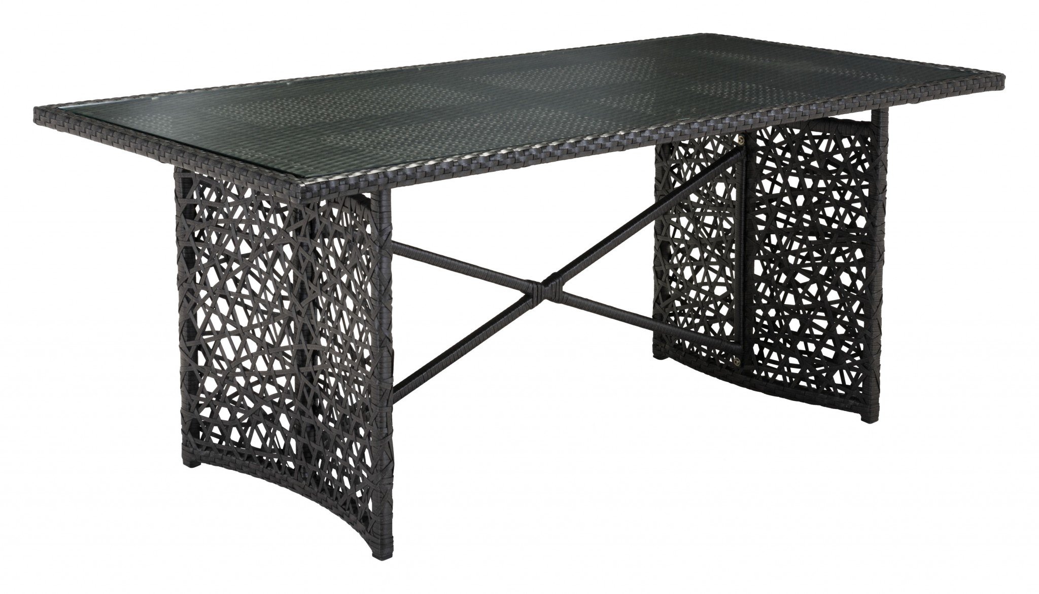 Stylish outdoor dining table featuring a brown tempered glass top and a woven aluminum frame, perfect for patios and sunrooms.