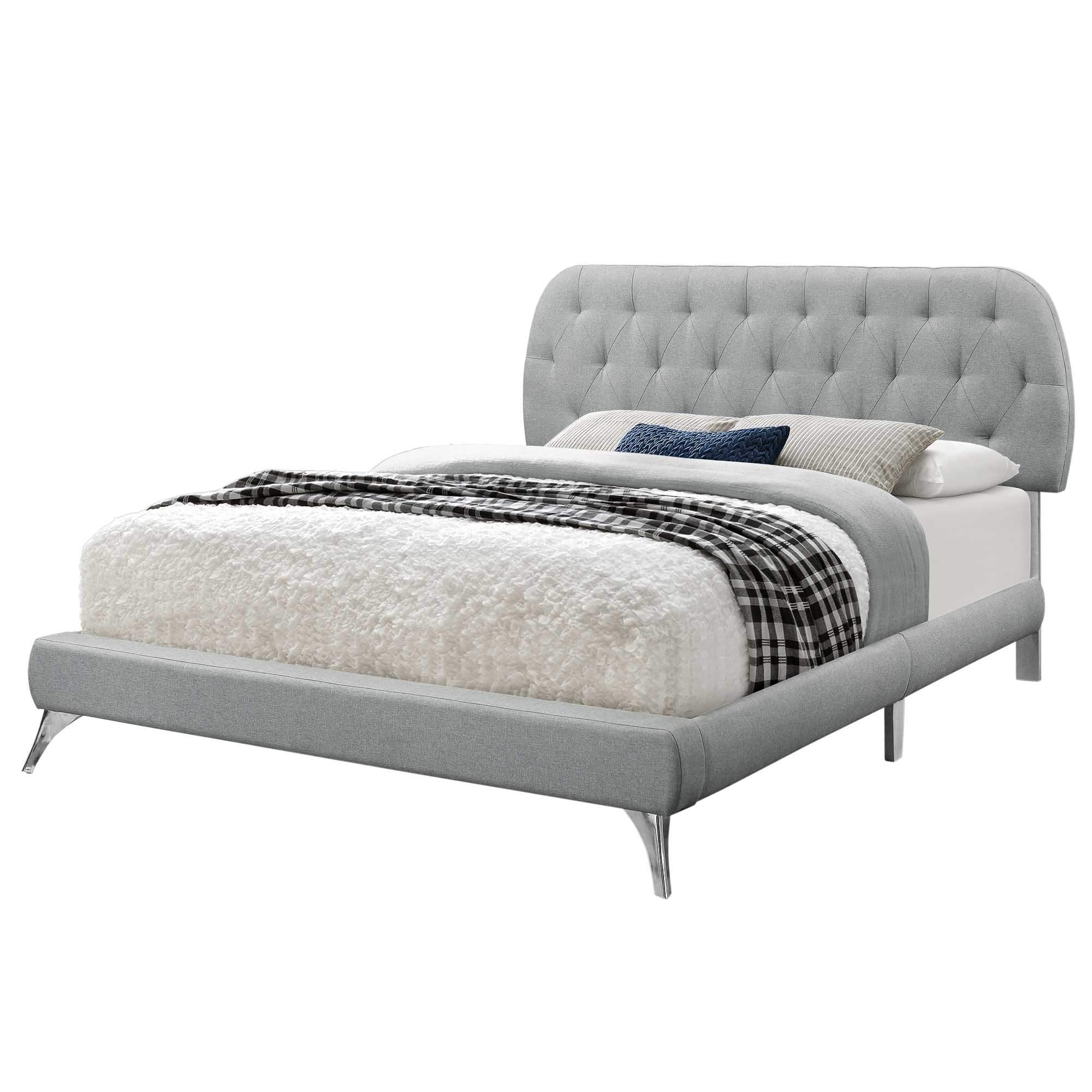 A stylish grey foam queen-sized bed with solid wood frame and linen upholstery, showcasing modern design and comfort.