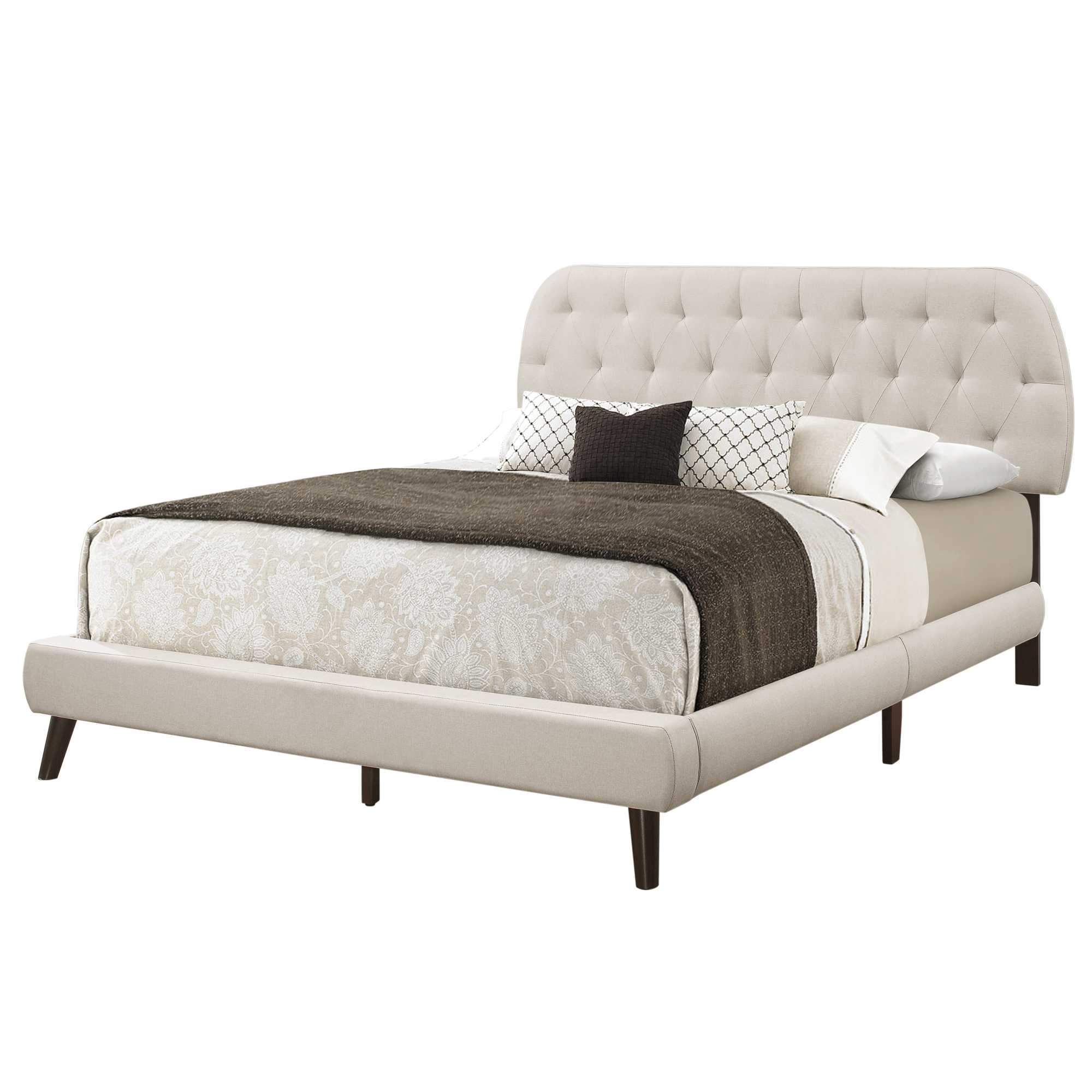 A stylish grey foam queen-sized bed with solid wood frame and linen upholstery, showcasing modern design and comfort.