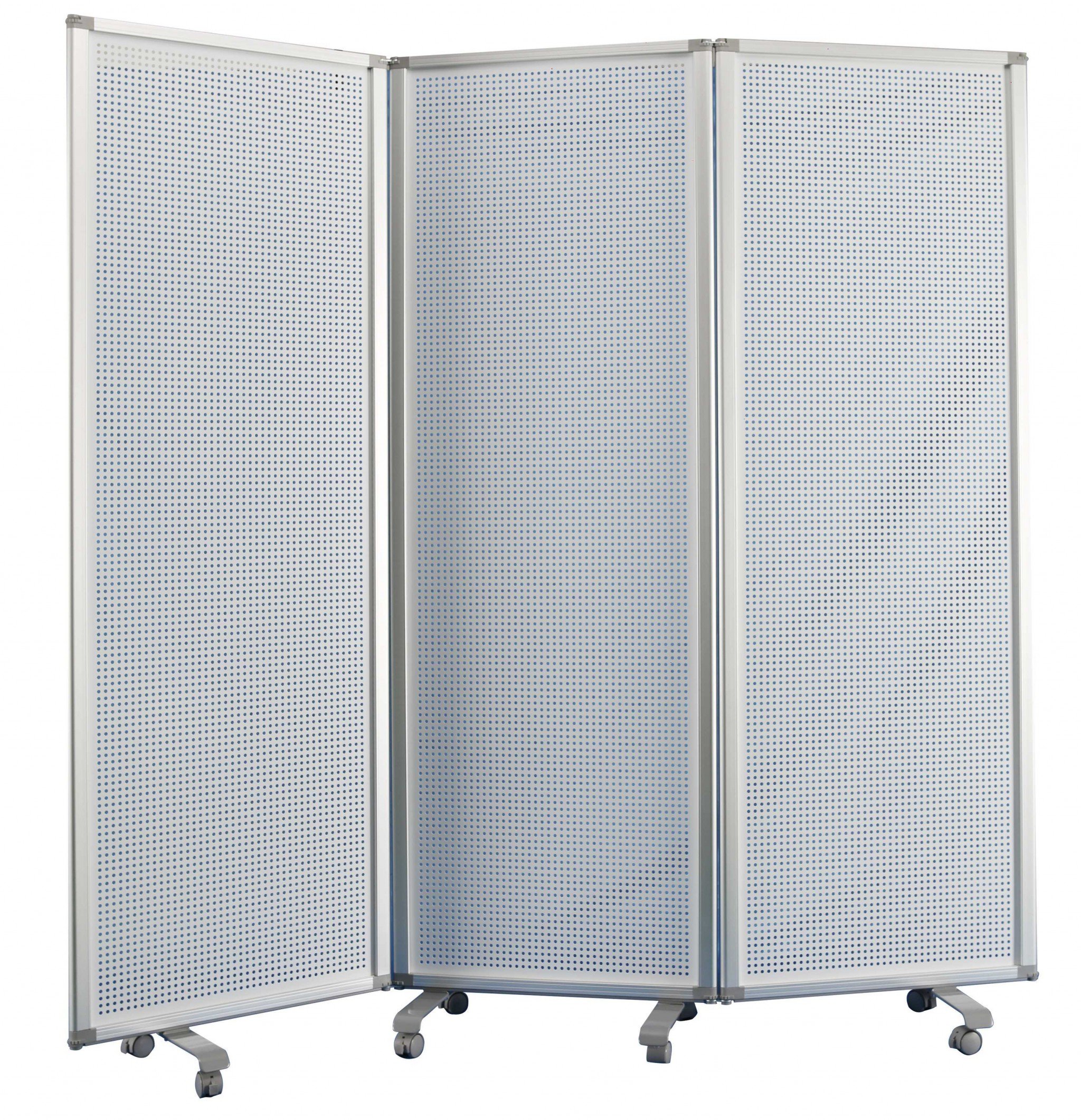 A stylish 71 x 1 x 71 white metal and alloy screen room divider with three panels and sturdy wheels, showcasing a modern design.