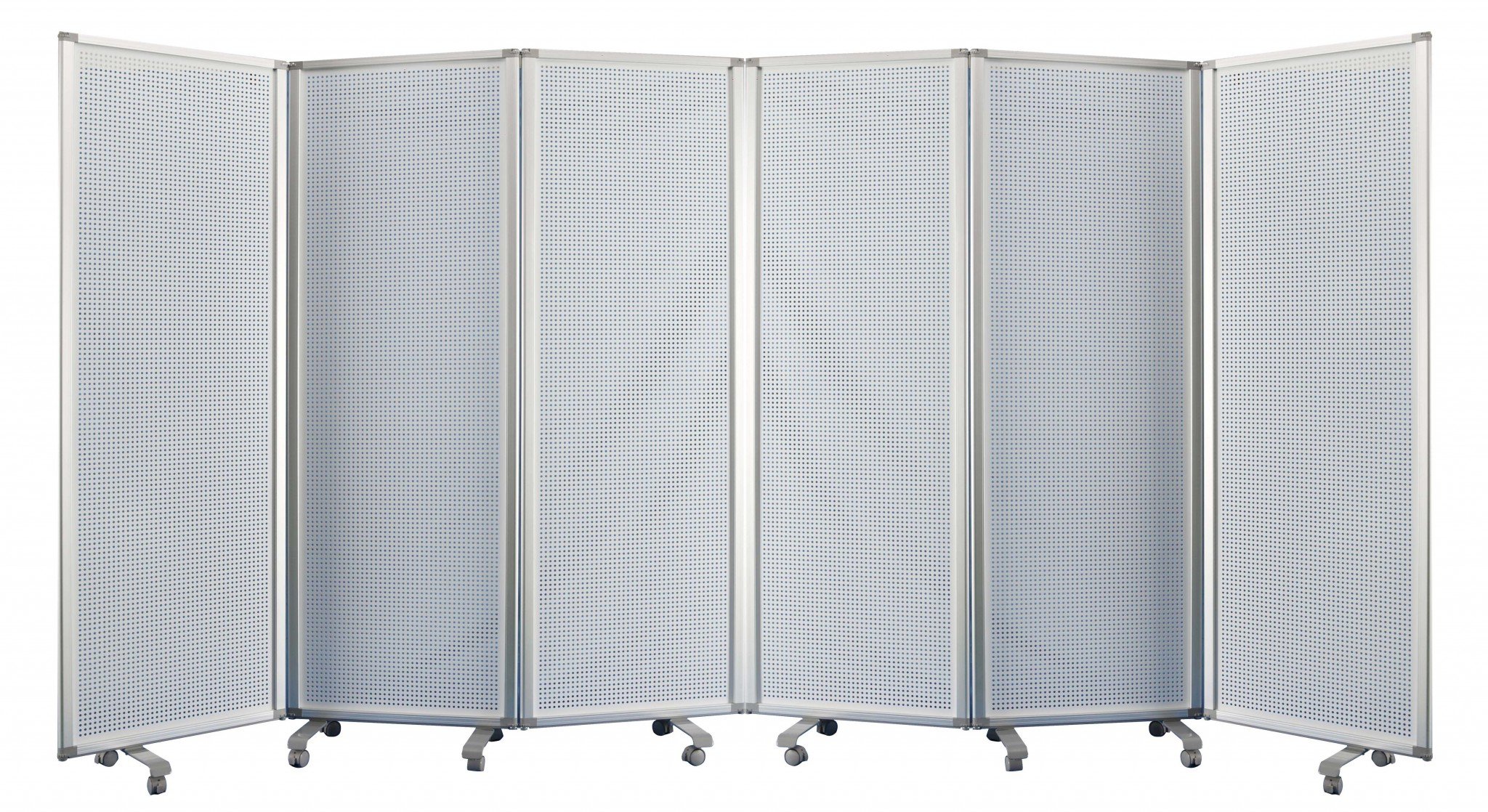 A stylish 71 x 1 x 71 white metal and alloy screen room divider with three panels and sturdy wheels, showcasing a modern design.