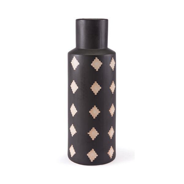 A hand-painted black and beige ceramic bottle, elegantly designed with smooth curves and intricate details, perfect for home decor.