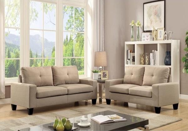 A stylish 71-inch beige linen platinum sofa and loveseat set featuring buttonless tufted cushions and wide track arms, perfect for contemporary living rooms.