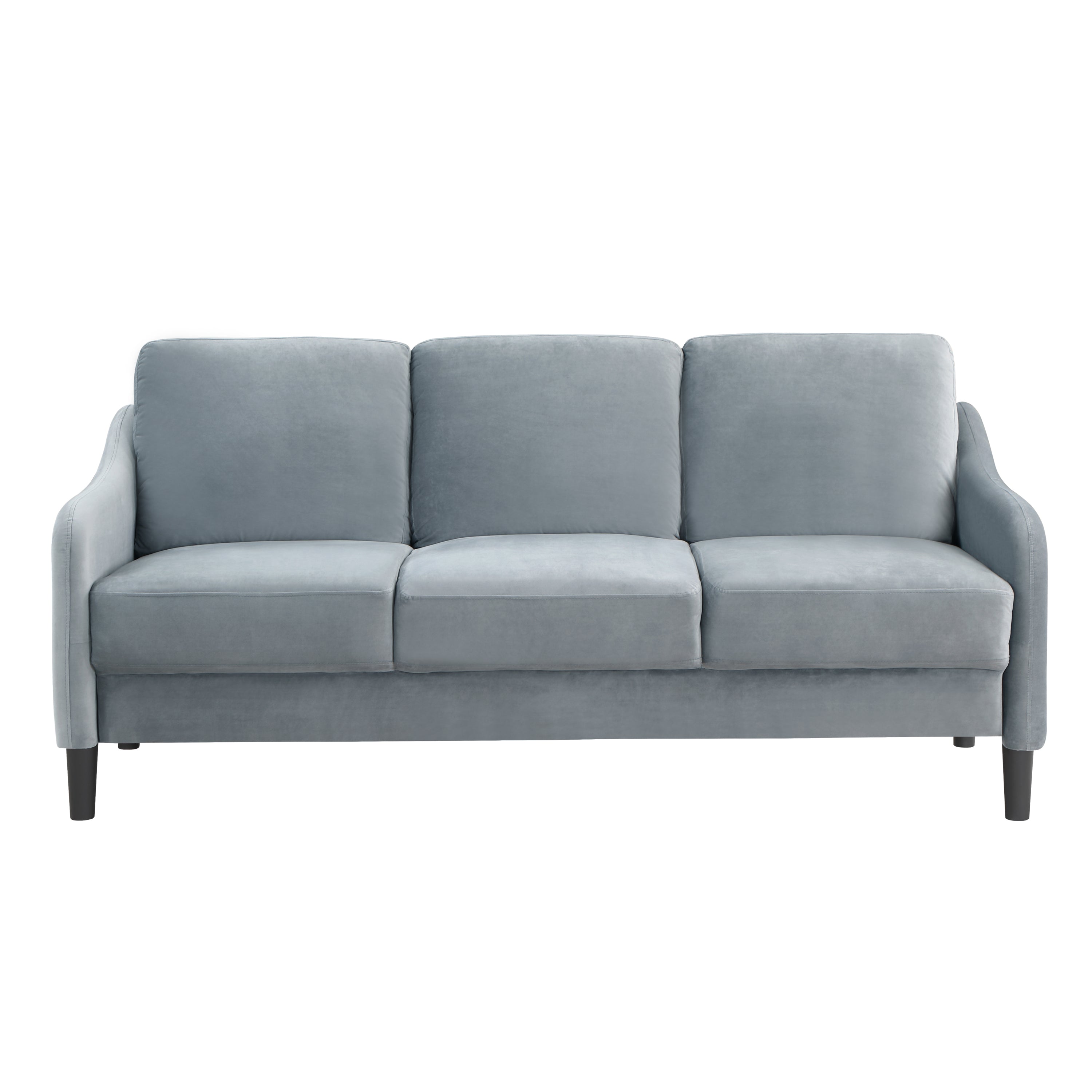 A stylish 73.22inch 3 seater sofa upholstered in soft velvet grey fabric, showcasing its modern design and comfortable seating.