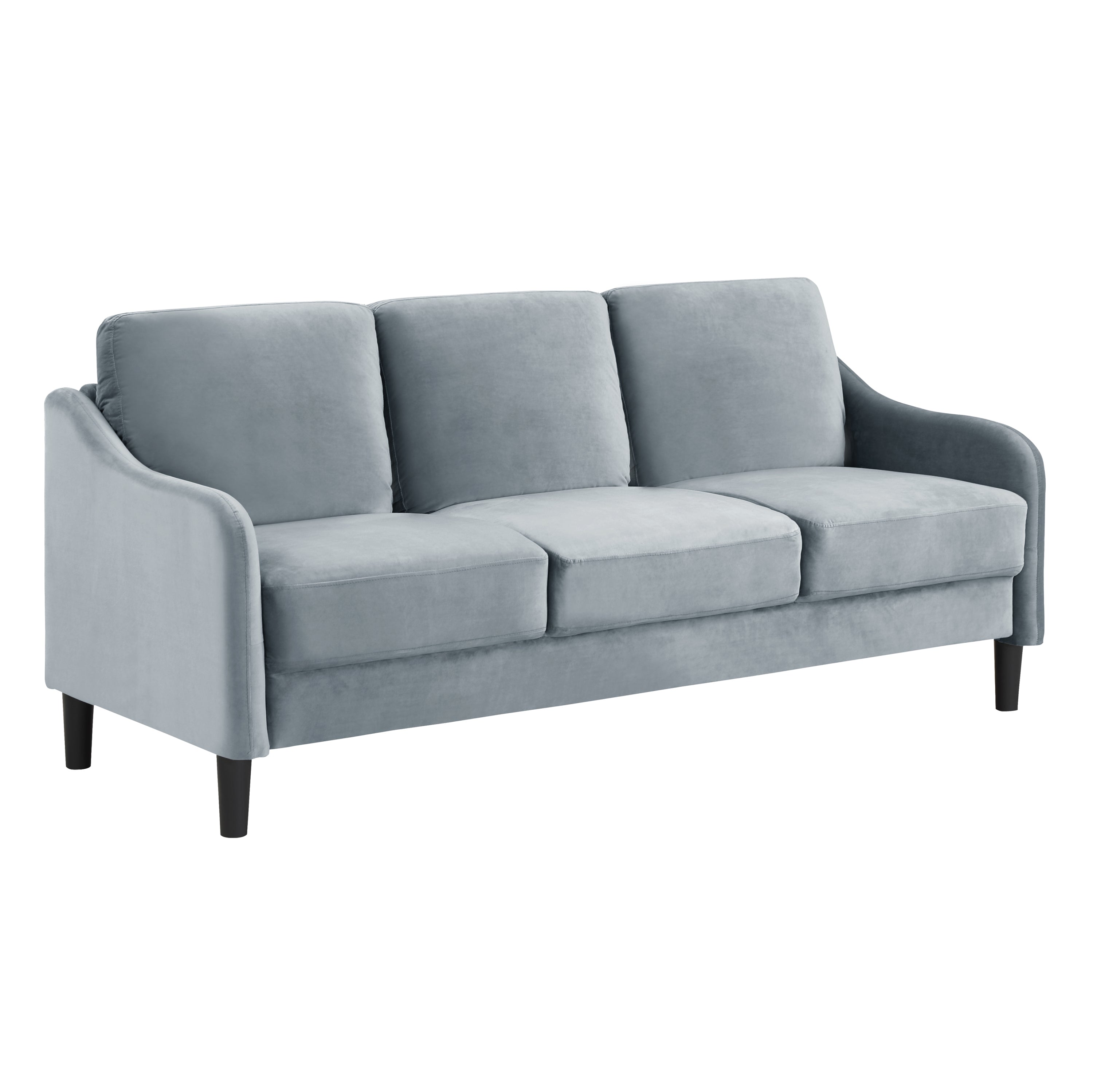 A stylish 73.22inch 3 seater sofa upholstered in soft velvet grey fabric, showcasing its modern design and comfortable seating.