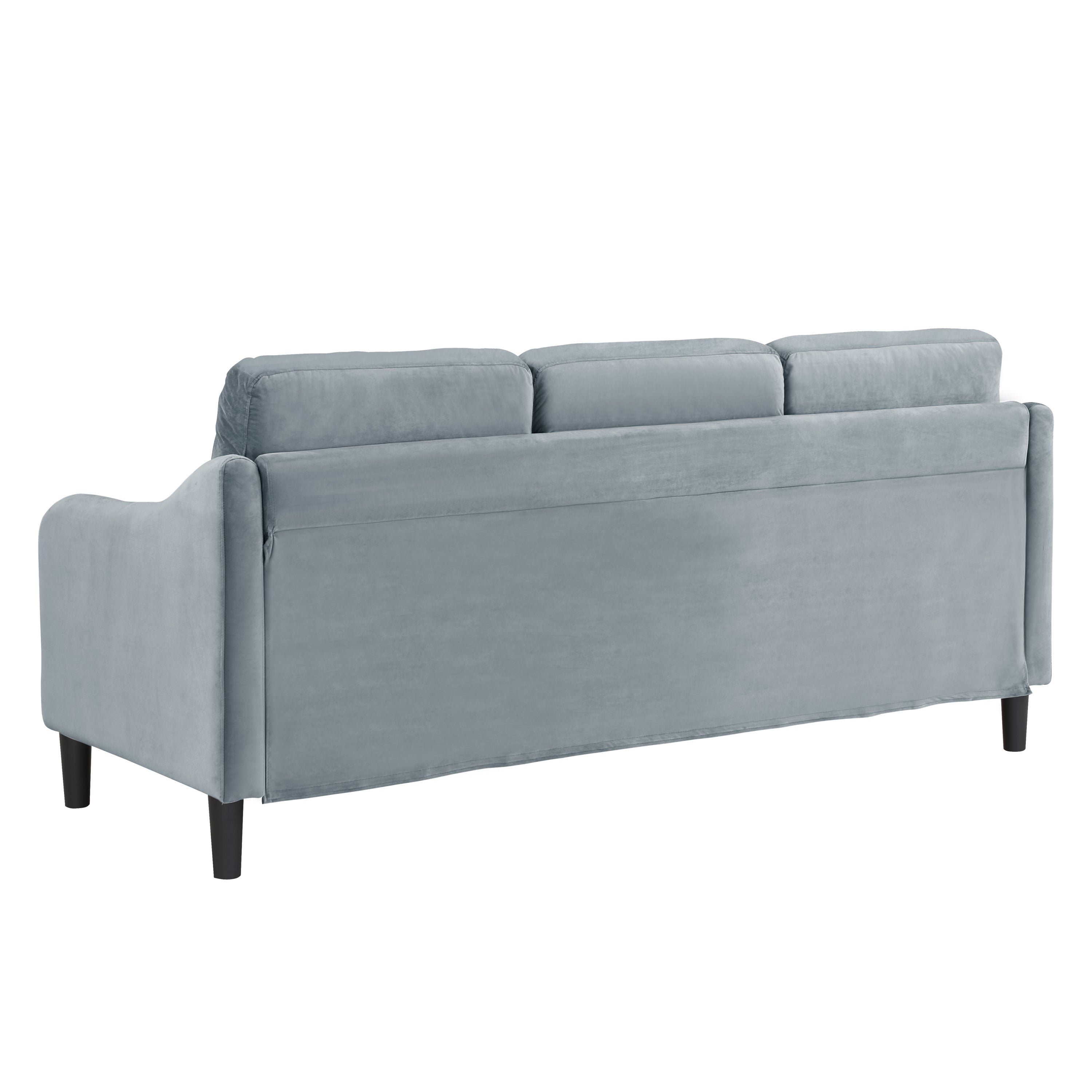 A stylish 73.22inch 3 seater sofa upholstered in soft velvet grey fabric, showcasing its modern design and comfortable seating.