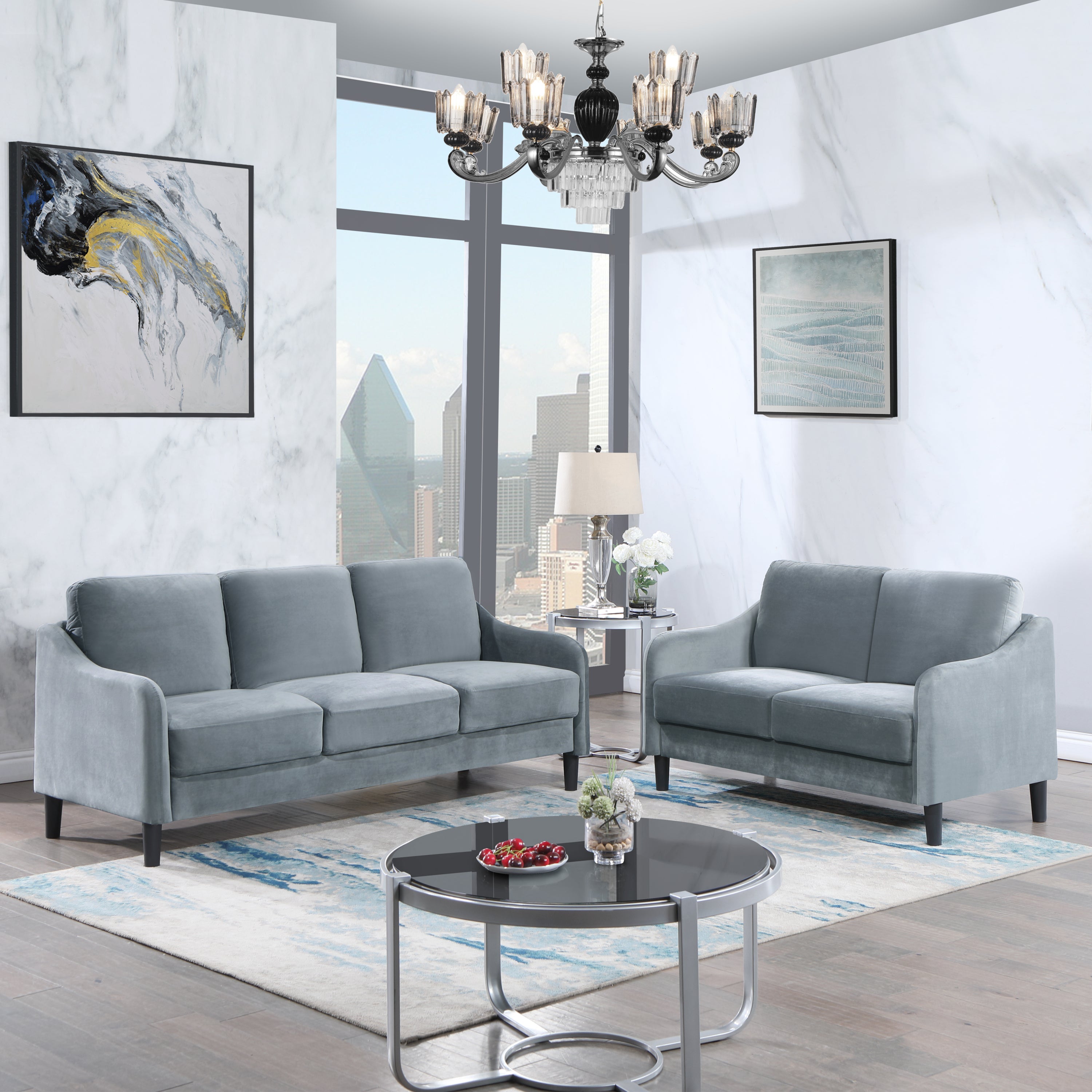 A stylish 73.22inch 3 seater sofa upholstered in soft velvet grey fabric, showcasing its modern design and comfortable seating.