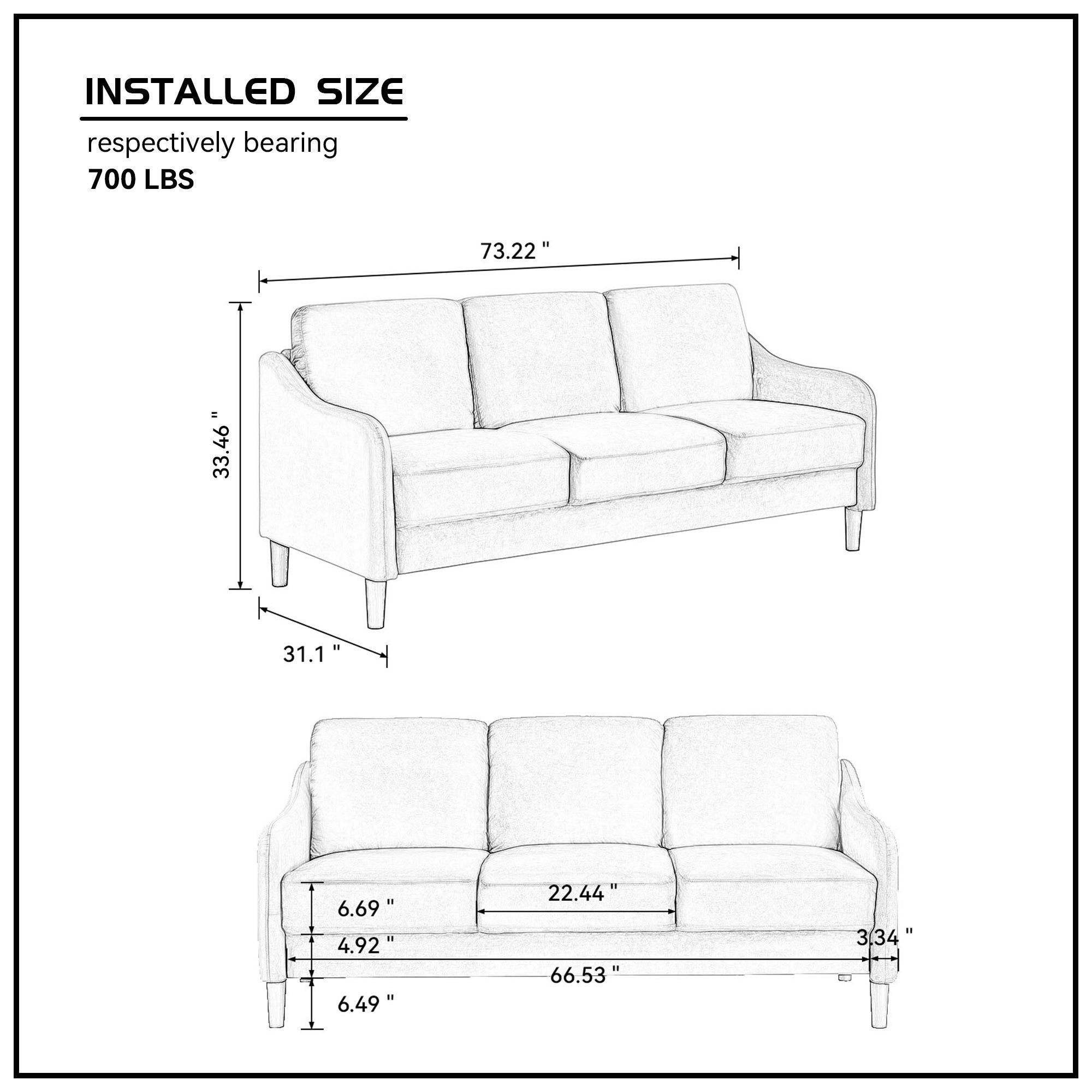 A stylish 73.22inch 3 seater sofa upholstered in soft velvet grey fabric, showcasing its modern design and comfortable seating.