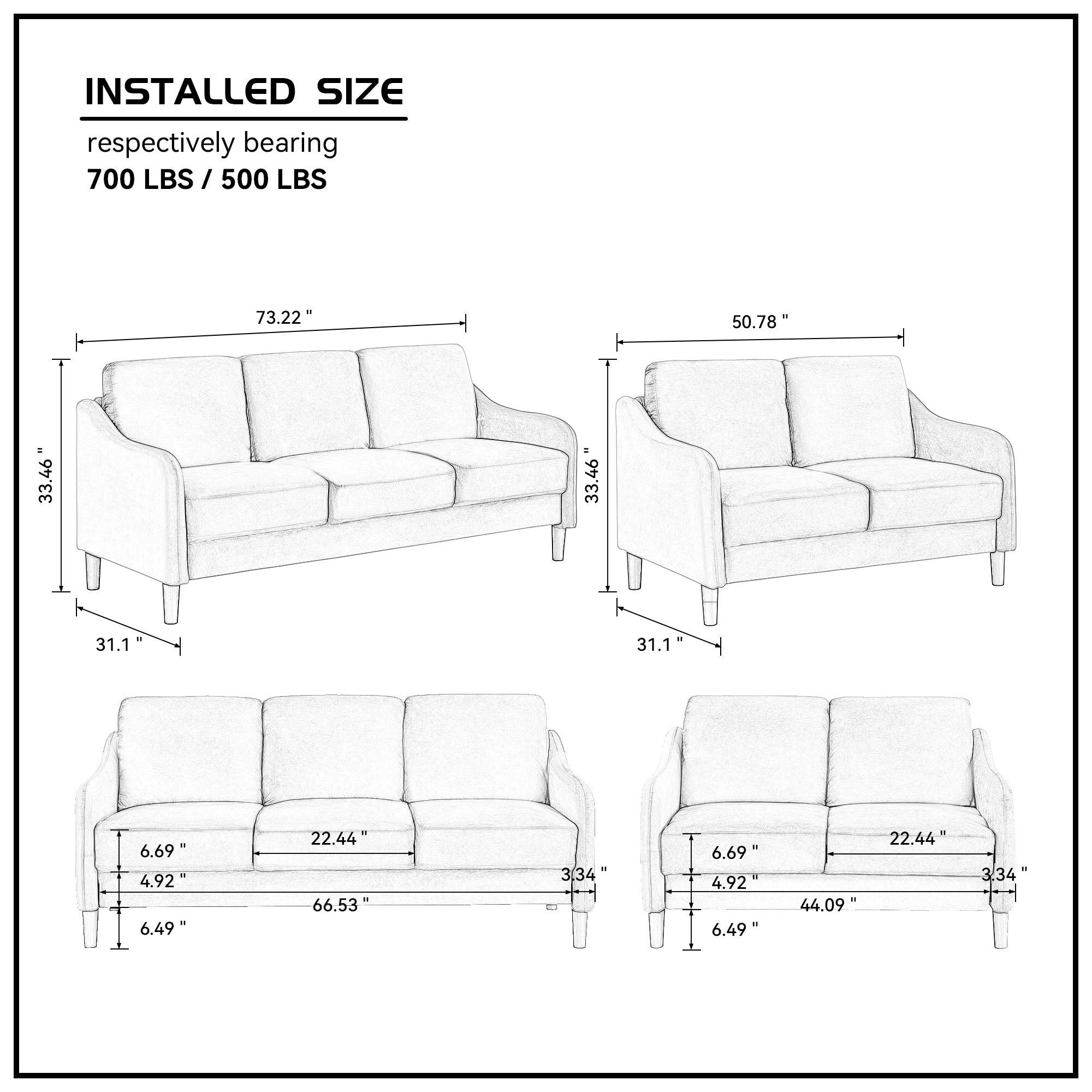 A stylish 73.22inch 3 seater sofa upholstered in soft velvet grey fabric, showcasing its modern design and comfortable seating.