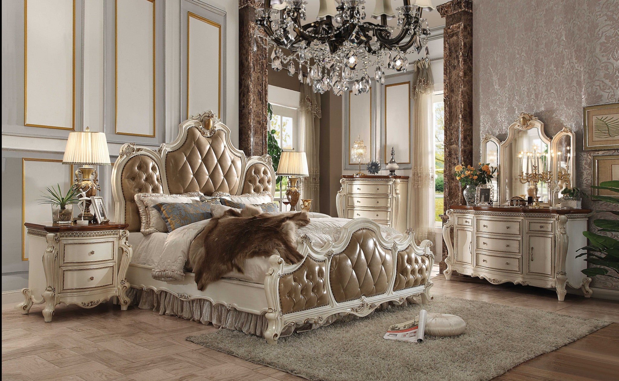 Elegant 74x89x78 PU Antique Pearl Wood Poly Resin bed with tufted upholstery and intricate carvings.