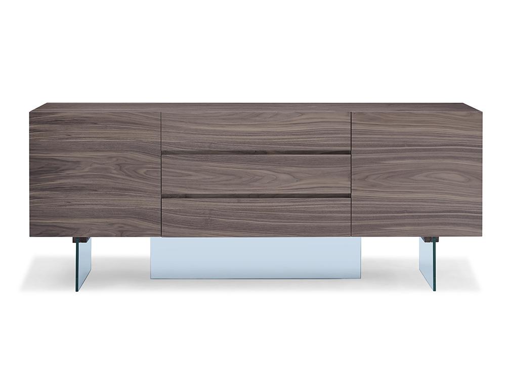 A stylish 79" X 18" X 32" walnut glass buffet featuring a contemporary design with stainless steel accents, perfect for modern home decor.