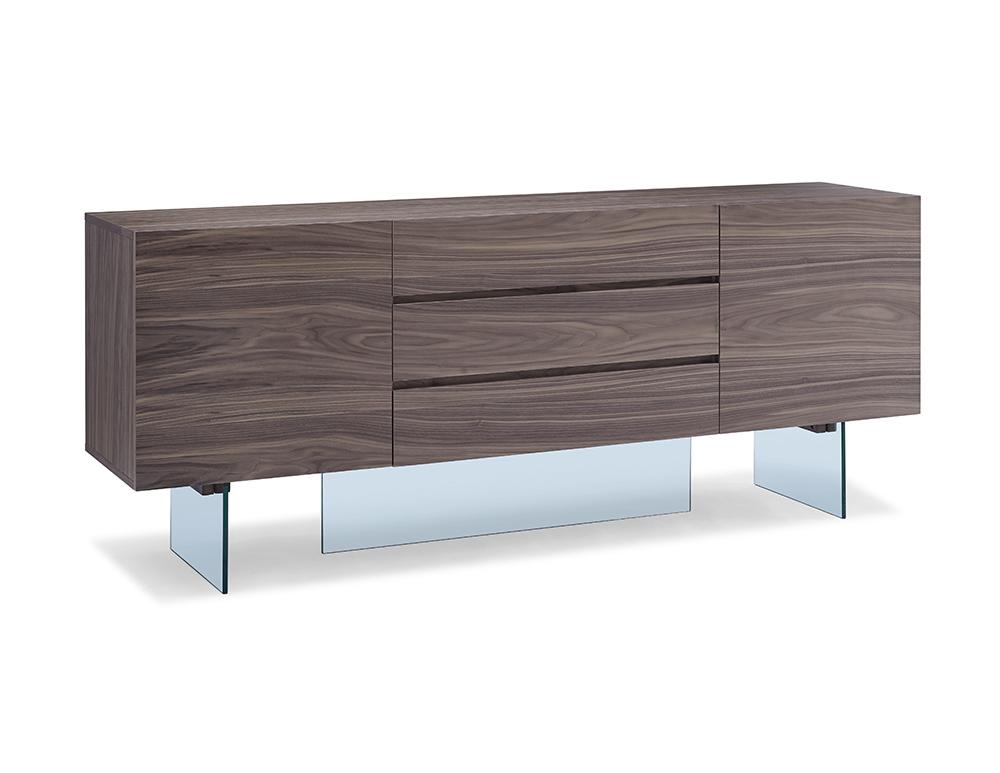 A stylish 79" X 18" X 32" walnut glass buffet featuring a contemporary design with stainless steel accents, perfect for modern home decor.