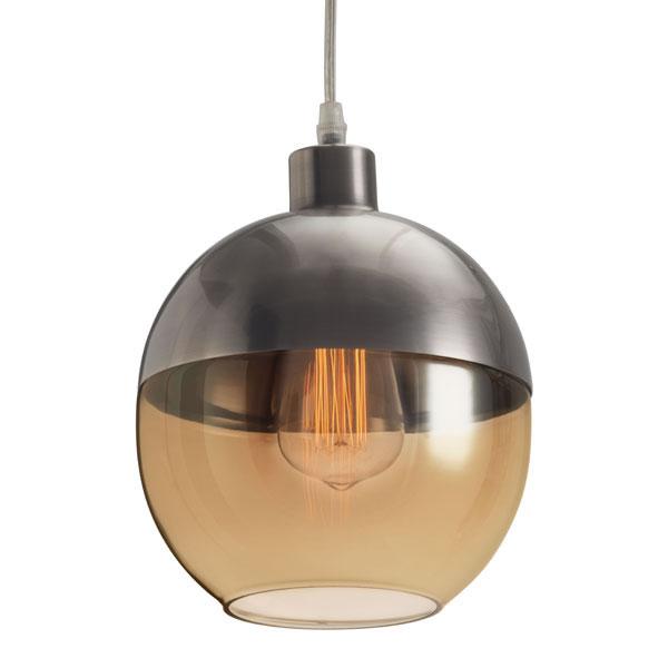 A stylish 7.9" x 7.9" x 9.8" glass metal ceiling lamp featuring a vintage Edison bulb and amber glass shade, accented with bronze satin metal.