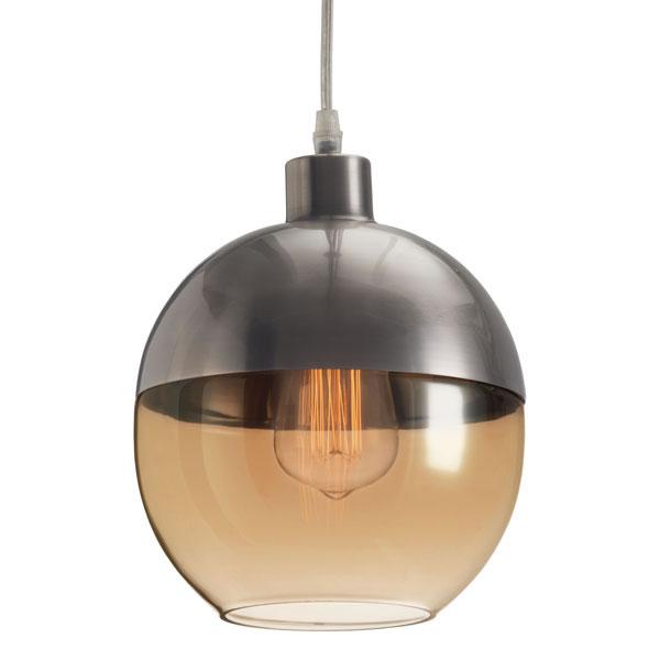 A stylish 7.9" x 7.9" x 9.8" glass metal ceiling lamp featuring a vintage Edison bulb and amber glass shade, accented with bronze satin metal.