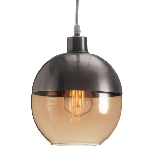 A stylish 7.9" x 7.9" x 9.8" glass metal ceiling lamp featuring a vintage Edison bulb and amber glass shade, accented with bronze satin metal.